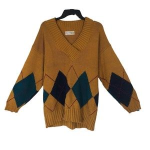 Vintage Italy Heavy Grandpa Sweater, Oversized, Soft Argyle Pattern, Wide V Neck